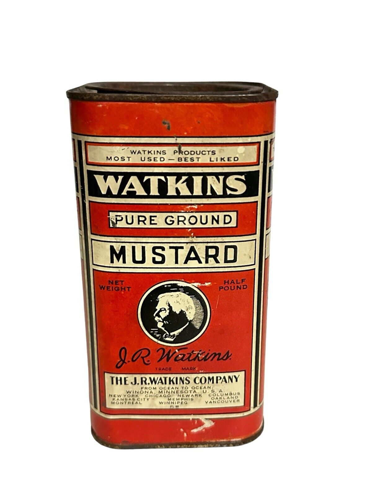 Antique Vtg 1920 J.R. Watkins 8 oz Square Mustard Tin for Display Half Full