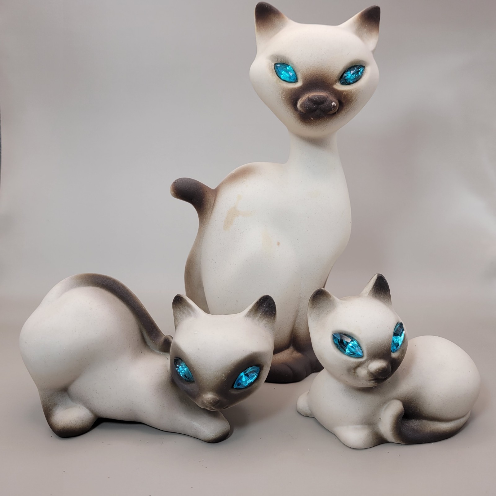 Vintage Roselane California Pottery Siamese Cats Aqua Rhinestone Eyes Set of 3