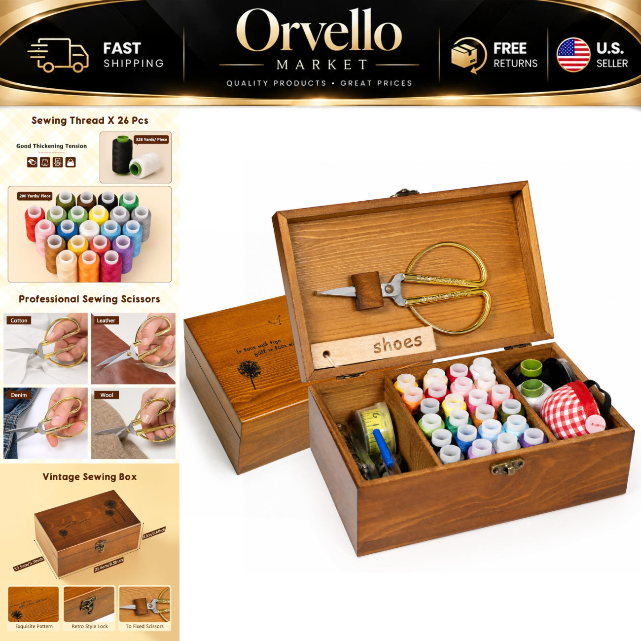 Sewing Kit with Wooden Box & Accessories - Vintage Home Basket for Beginners & R