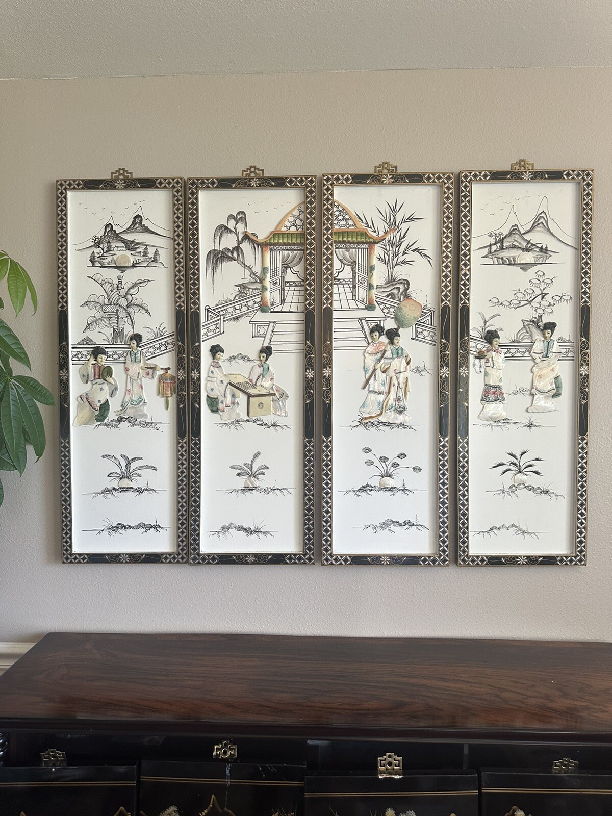 4 Vintage Oriental Mother of Pearl Lacquer Asian Wall Art Panels 12\
