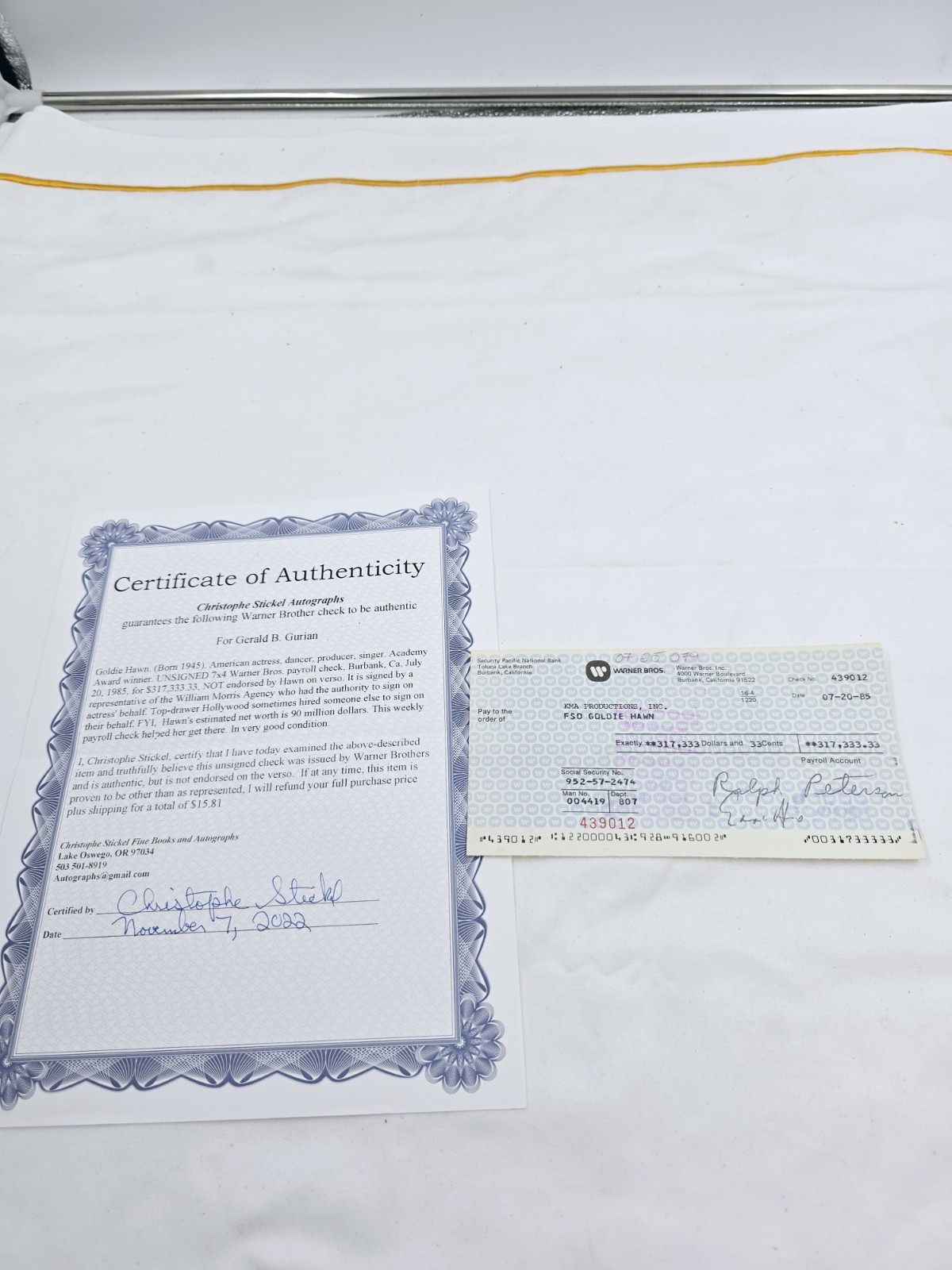Goldie Hawn Warner Bros Payroll Check $317,3333.33 William Morris Agency