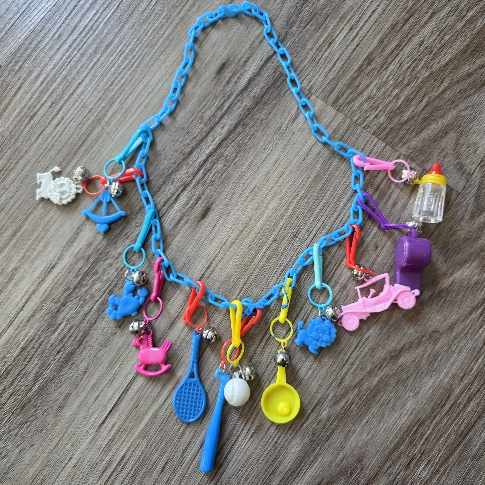 Vtg 80s Plastic Charm Bell Chain Blue Necklace 12 Charms Vtg 80s Plastic Charm Bell Chain Blue Necklace 12 Charms