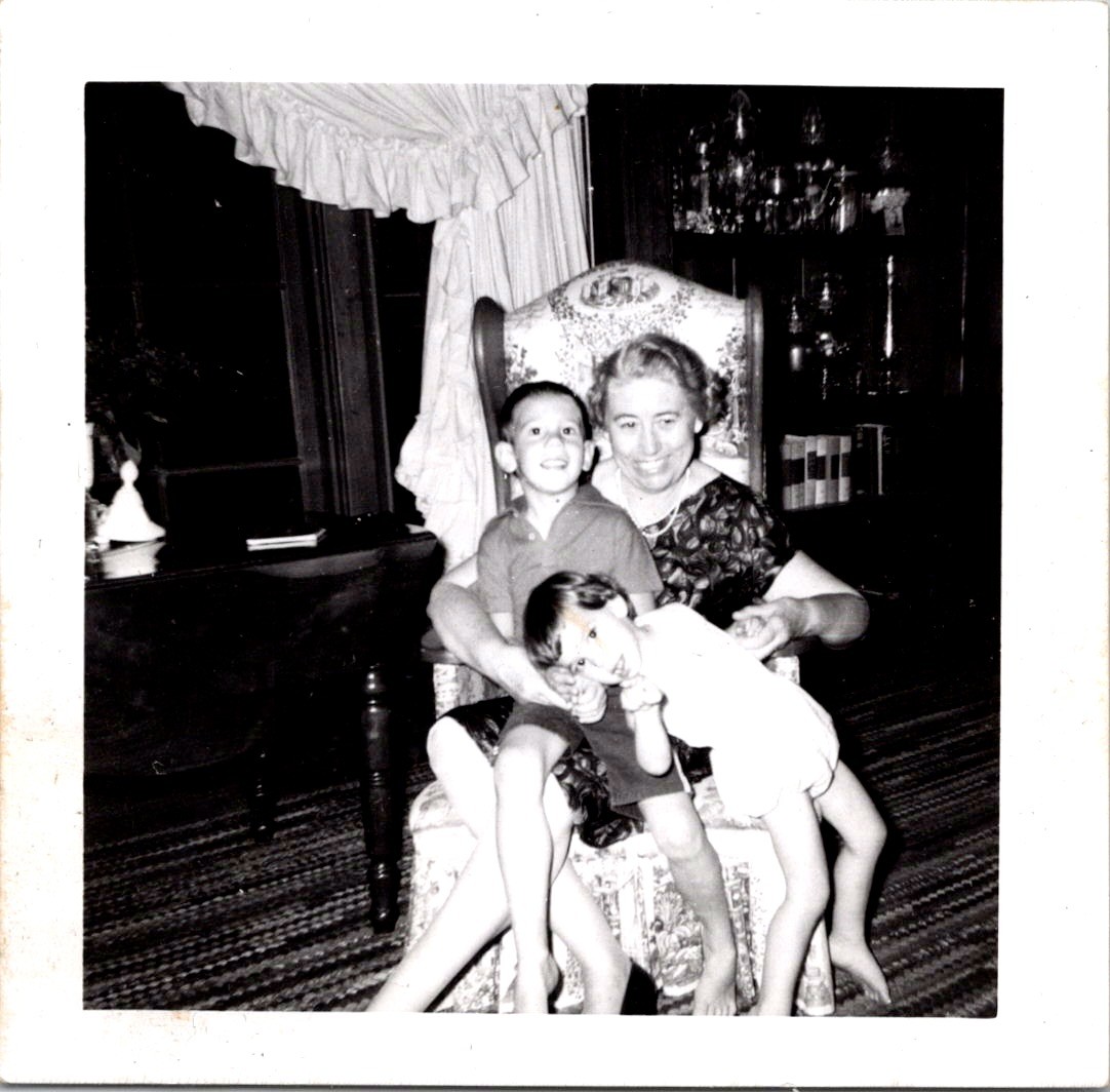 Grandmother with Grandchildren in Living Room, 1950s B&W Snapshot Photo