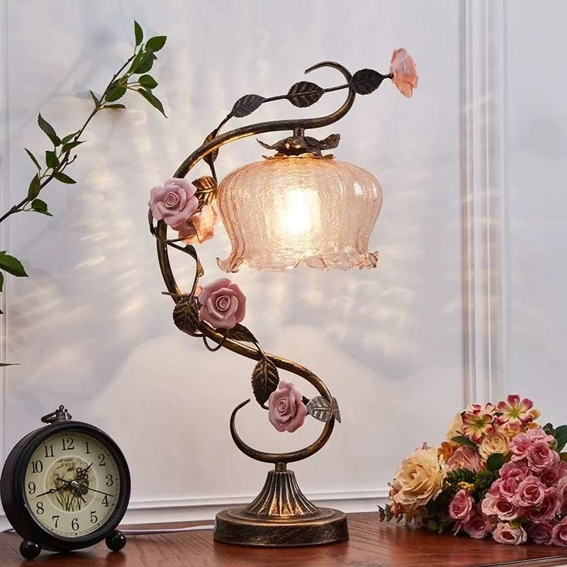 Antique Style Floral Table Lamp Vintage Rose Bedroom Decor Lighting