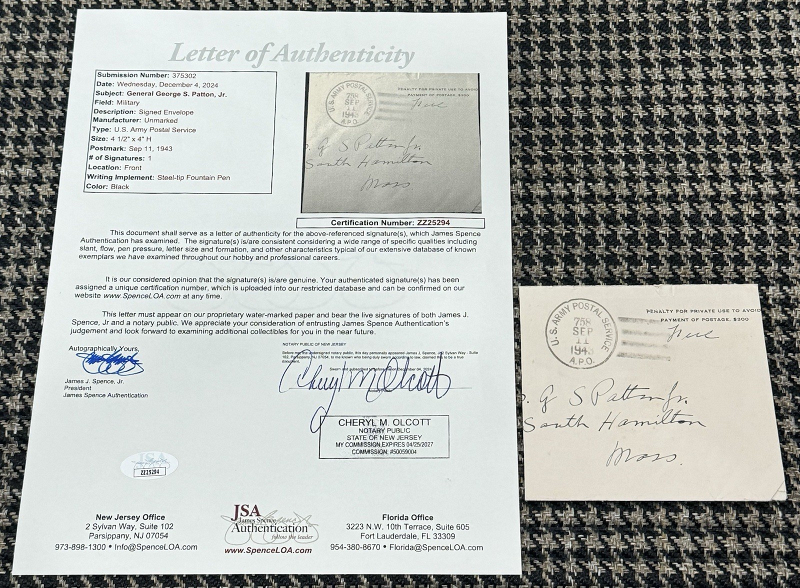 General George S. Patton Signed Autograph 4.5x4 1943 US Army Envelope JSA LOA General George S. Patton Signed Autograph 4.5x4 1943 US Army Envelope JSA LOA