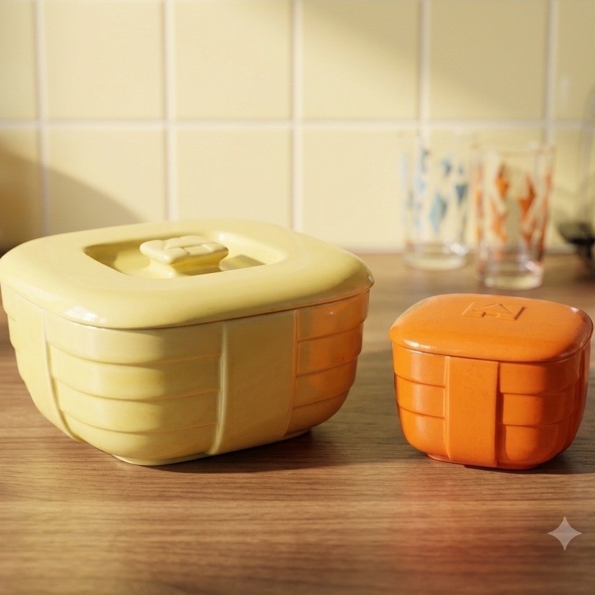 Vintage Hall China Hotpoint Refrigerator Dishes Yellow & Orange Art Deco Set