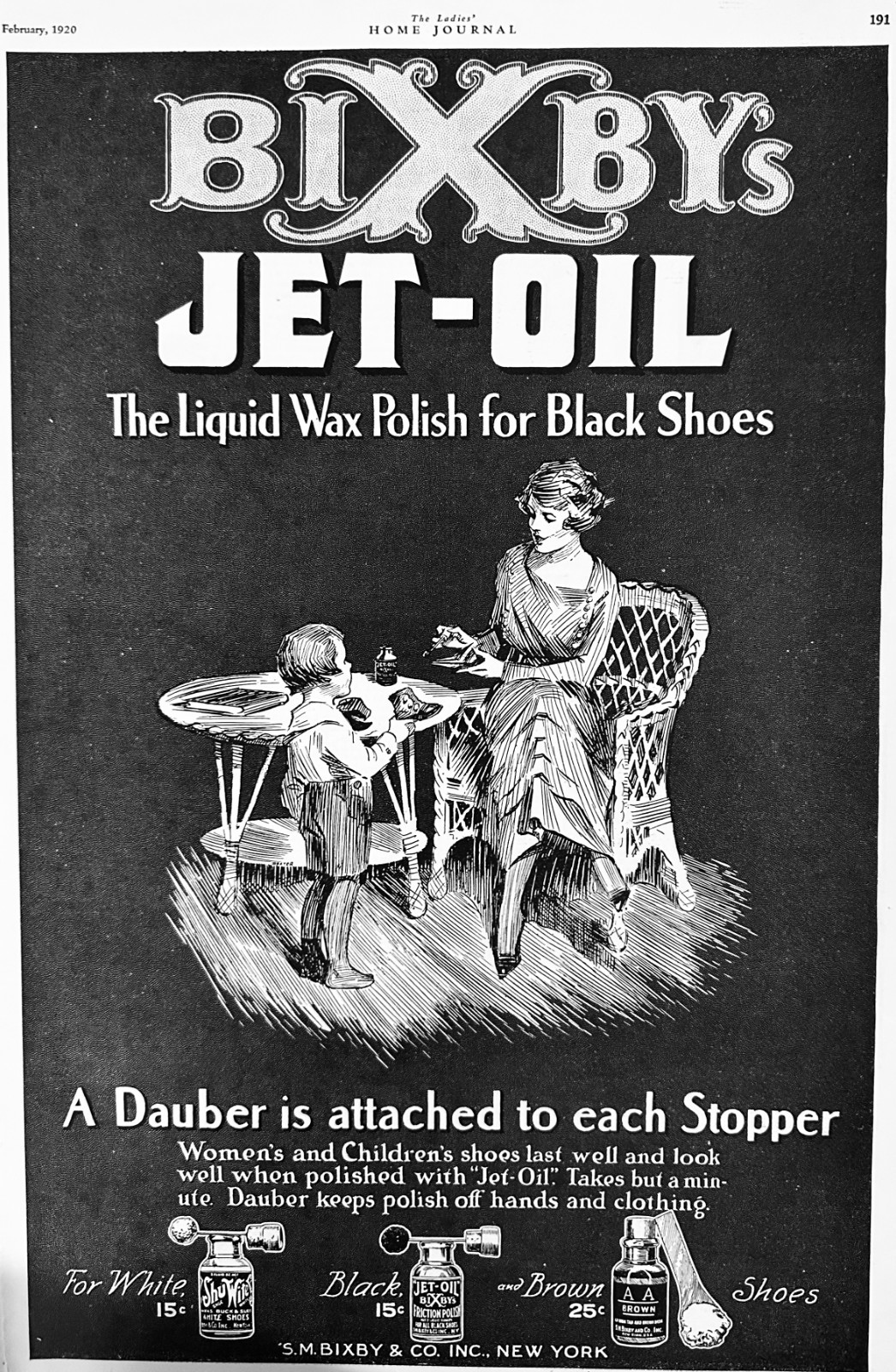 1920 Bixby\'s Jet-Oil Liquid Wax for Black Shoes Ad #2136