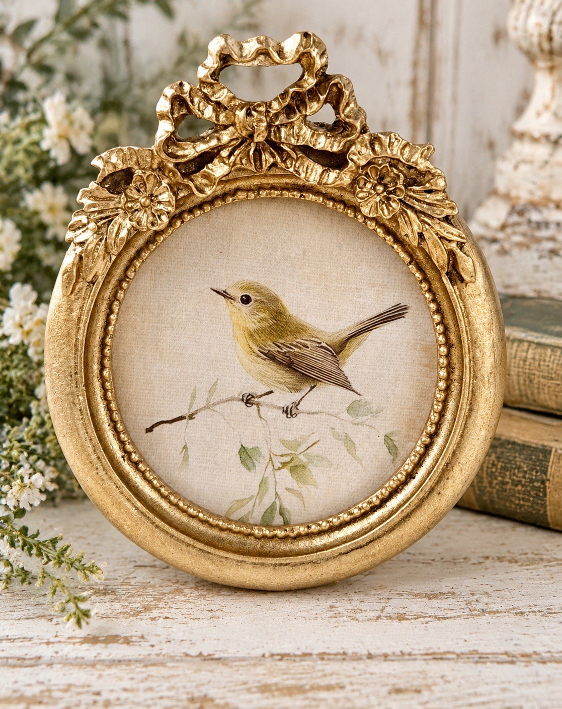 Vintage Style Bird Chickadee Print Gold Ornate Bow Frame Ornate Picture Frame