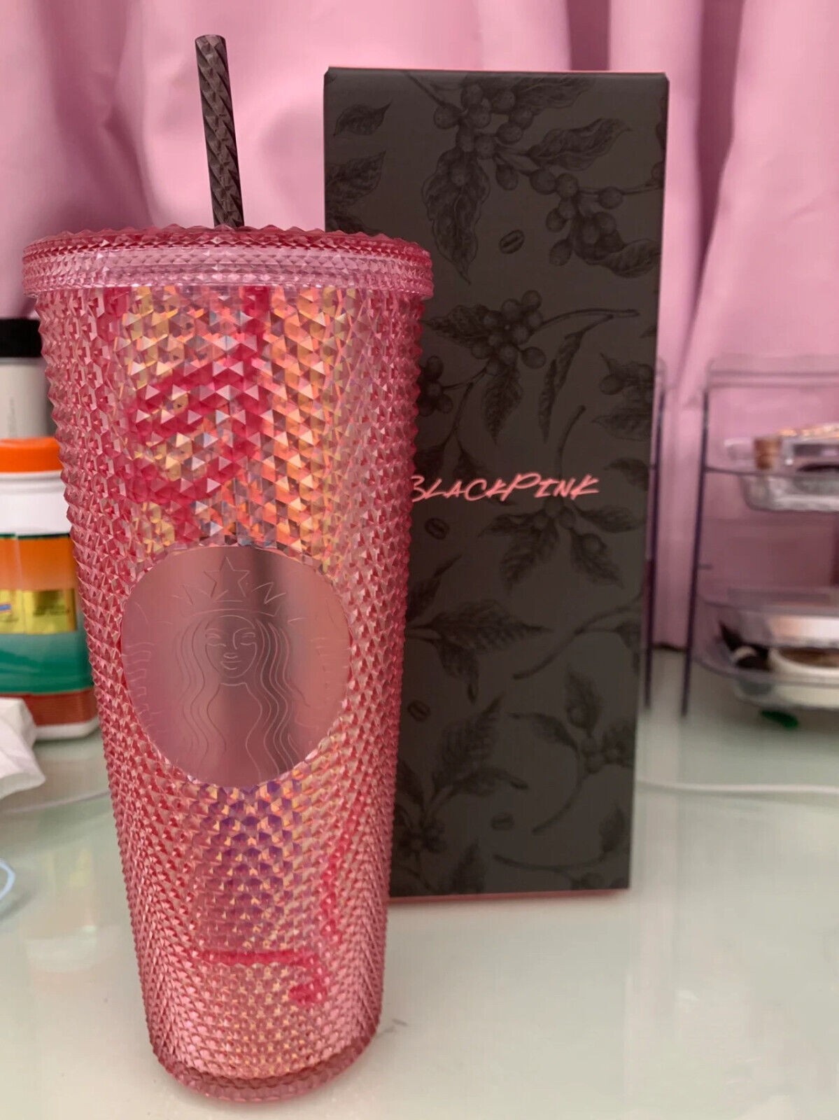 New Starbucks x BLACKPINK 2023 24oz Studded Tumbler Pink & Black with Box