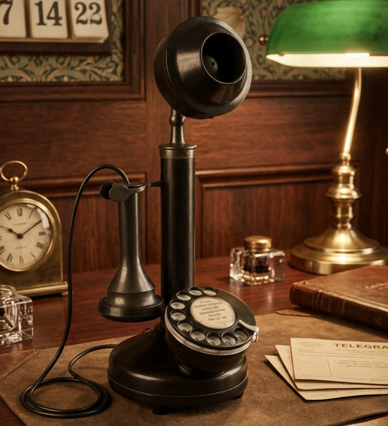 Vintage Replica Black Candlestick Rotary Dial Telephone Classic 1920s Era Phone.