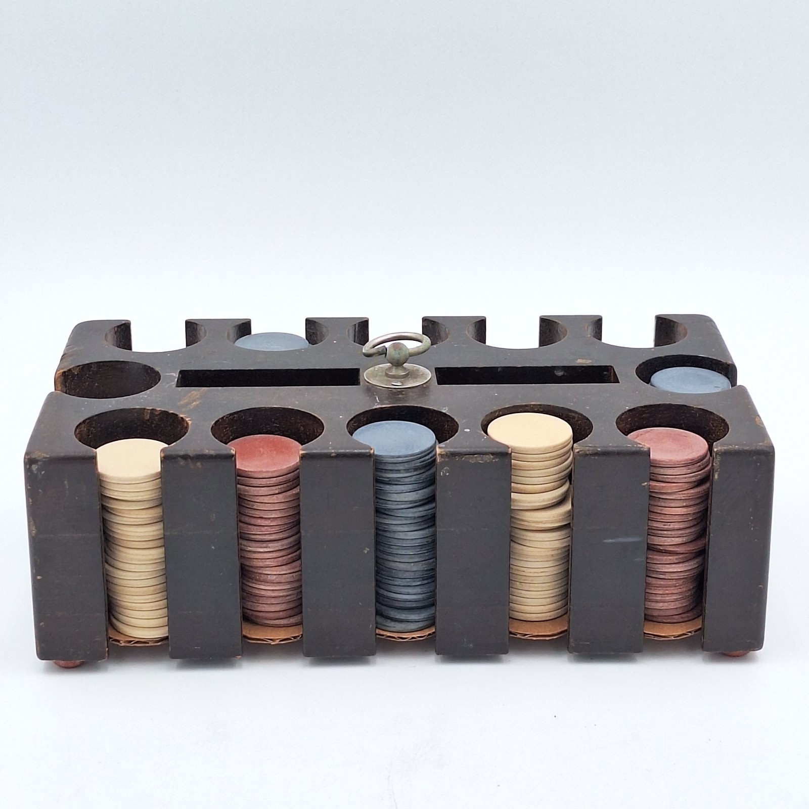 Vintage Poker Chips Approx 250 Clay Bakelite Style w Wood Caddy Holder Case