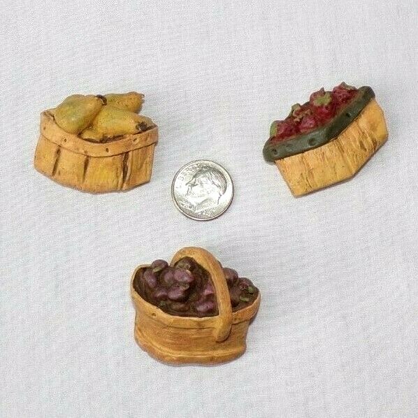 Lot 3 Miniature Fruit Basket Embellishments Strawberry Plum Pear Resin 1-1.25\