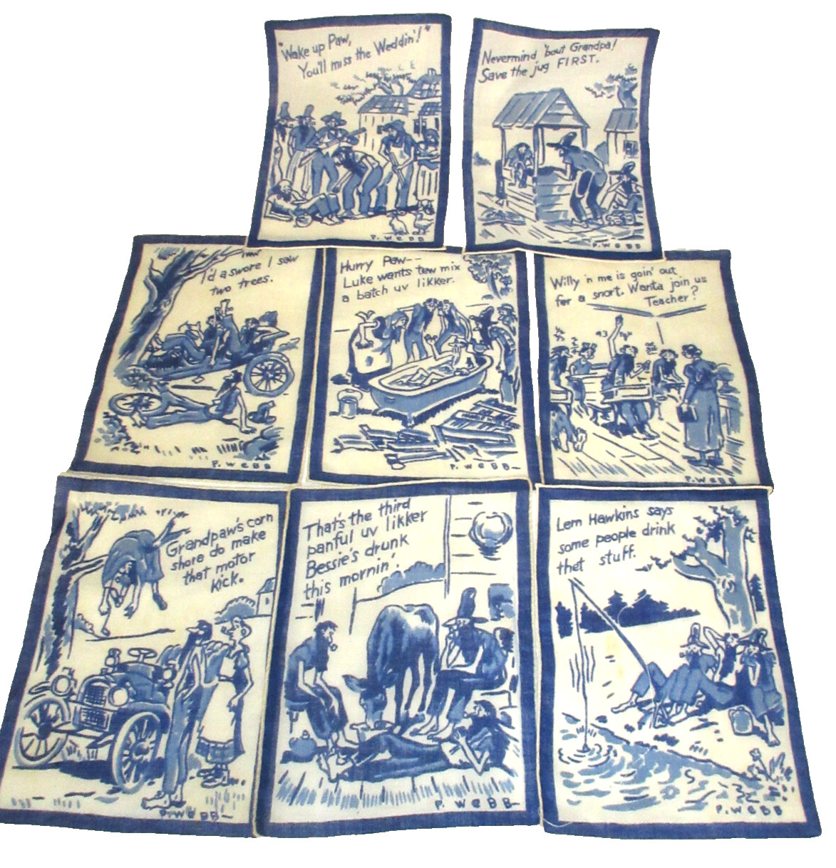 SET OF EIGHT PAUL WEBB VINTAGE HILLBILLY COCKTAIL NAPKINS   (A4)