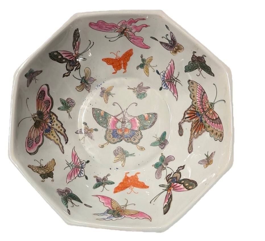 Antique Octagon Asian Porcelain Butterfly Cobalt Blue Bowl Hand Painted 9”x 3.5”