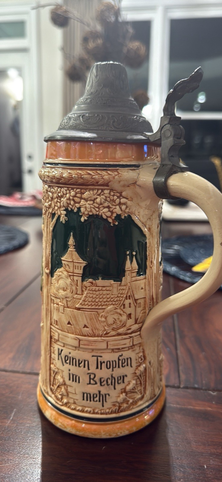 Marzi & Remy German Lindenwirtein relief beer stein with a pewter lid