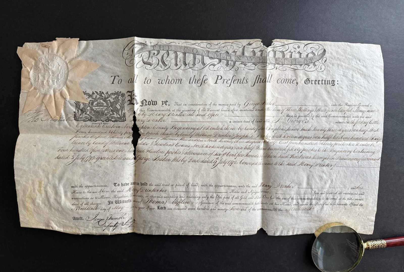 Constitution Signer Thomas Mifflin — 1793 Pennsylvania Land Patent to Henry