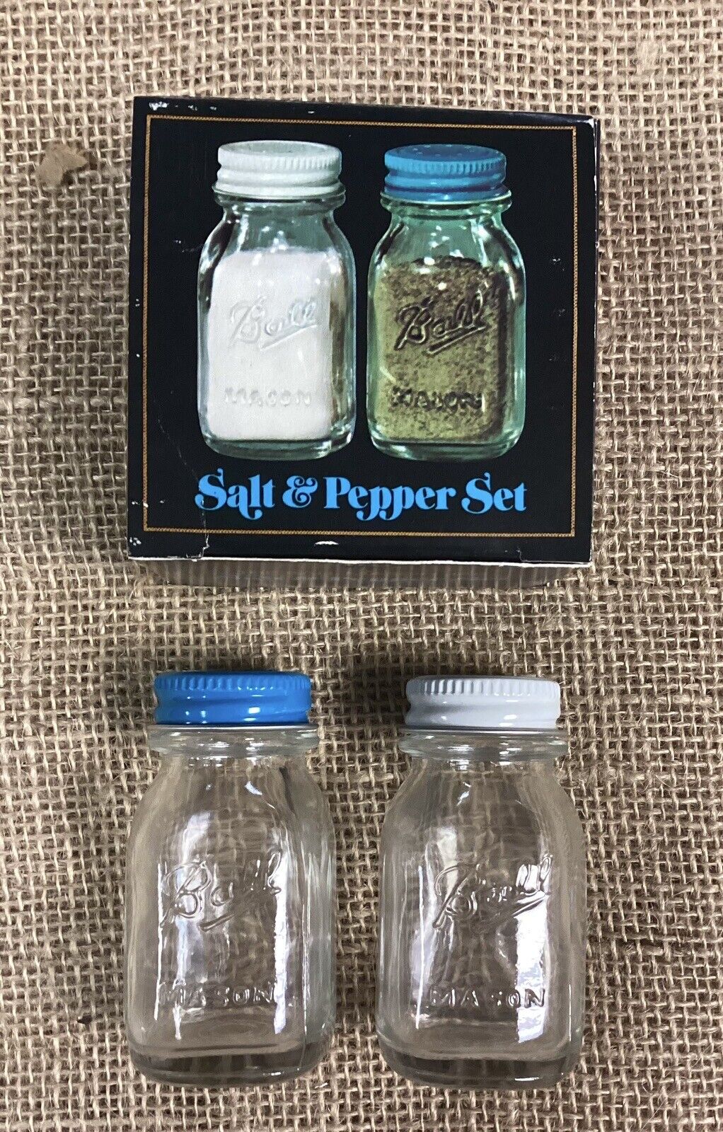 Vintage Ball Mason Jar Glass Salt and Pepper Shaker Set in Box, Blue White 2.75\