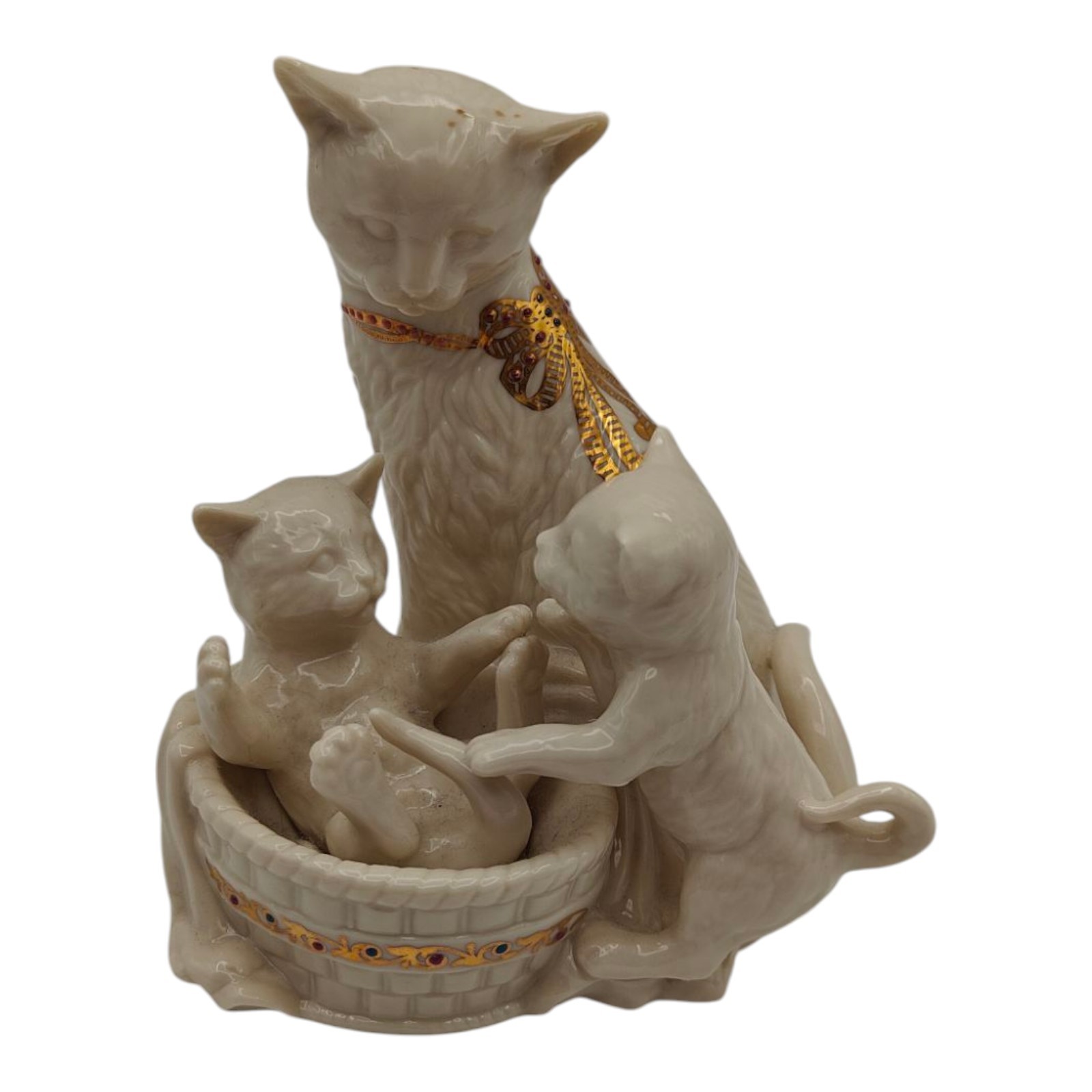 LENOX Jewels Collection Kitten Kapers Cat & Kittens In Basket Porcelain Figurine