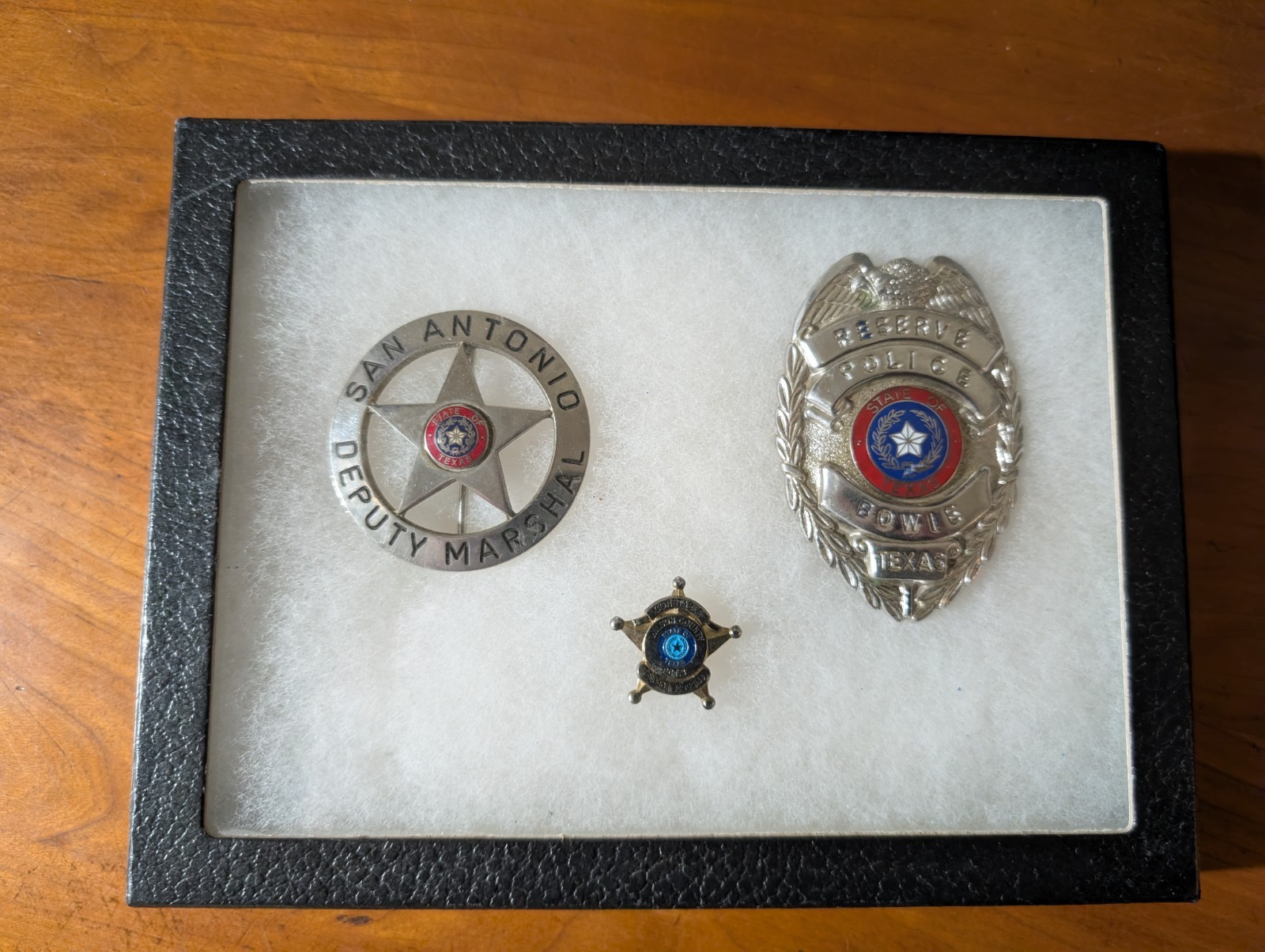 (3) Old Texas Officer Badges: San Antonio, Bowie & Wilson County in Riker Mount (3) Old Texas Officer Badges: San Antonio, Bowie & Wilson County in Riker Mount