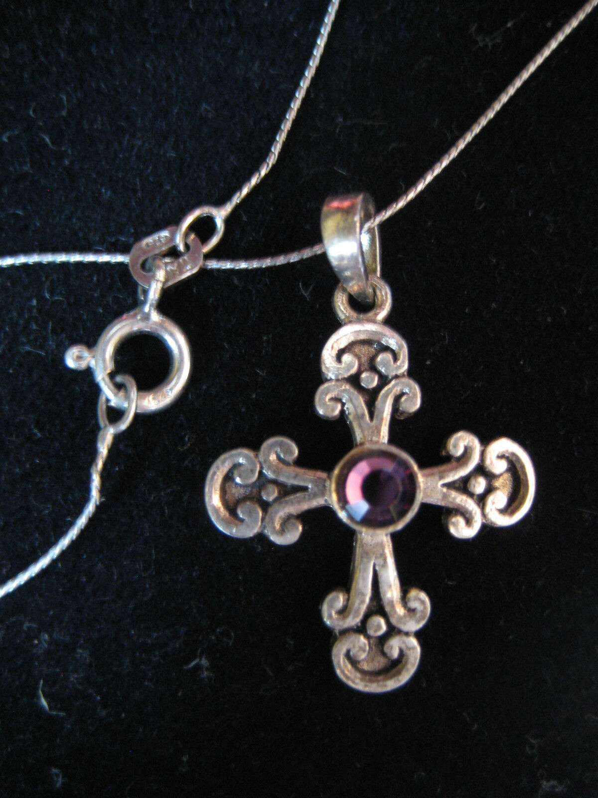 Dainty Sterling Silver Filigree Cross Pendant Necklace Amethyst Rhinestone 8d 22