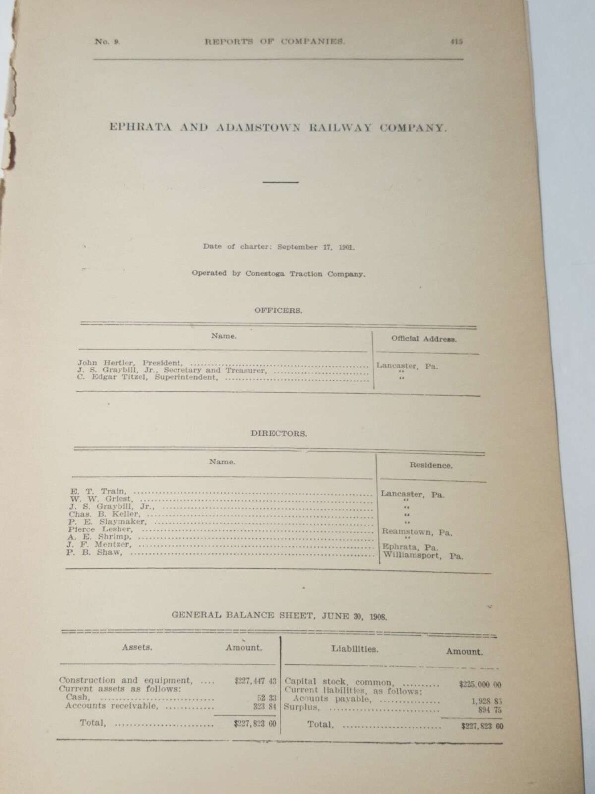 1909 RR document EPHRATA & ADAMSTOWN RAILWAY Lancaster Co. PA trolley streetcar 