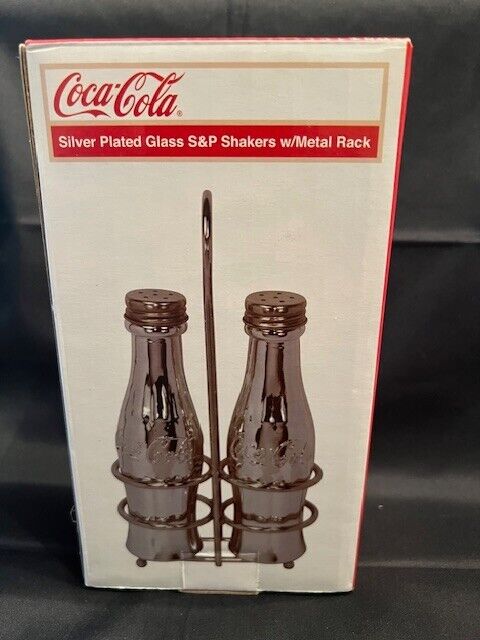 COCA-COLA Silver Plated Glass Salt & Pepper Shakers w/ Metal Rack NEW