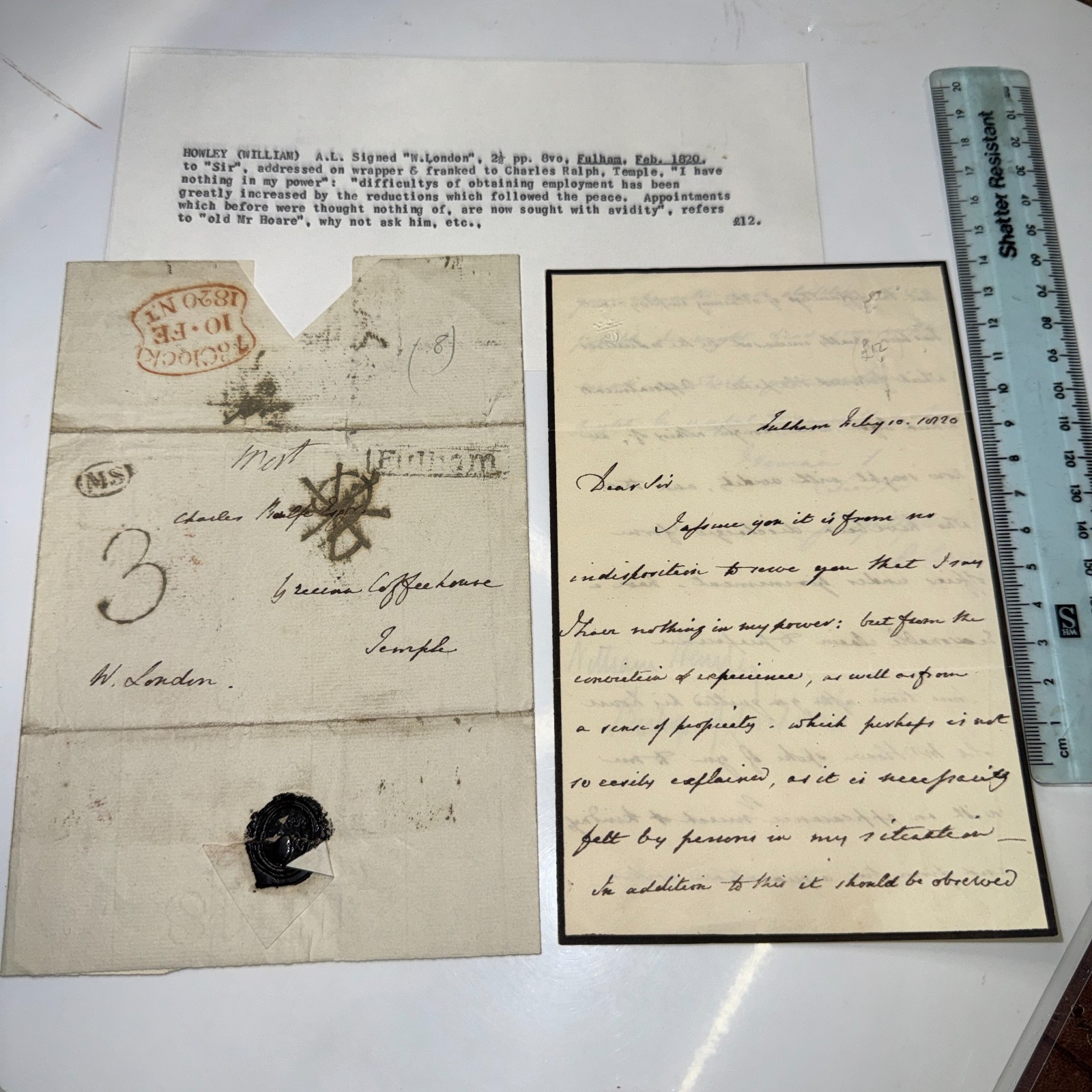 Bishop London William Howley 3p ALS Autograph Letter 1820 Fulham