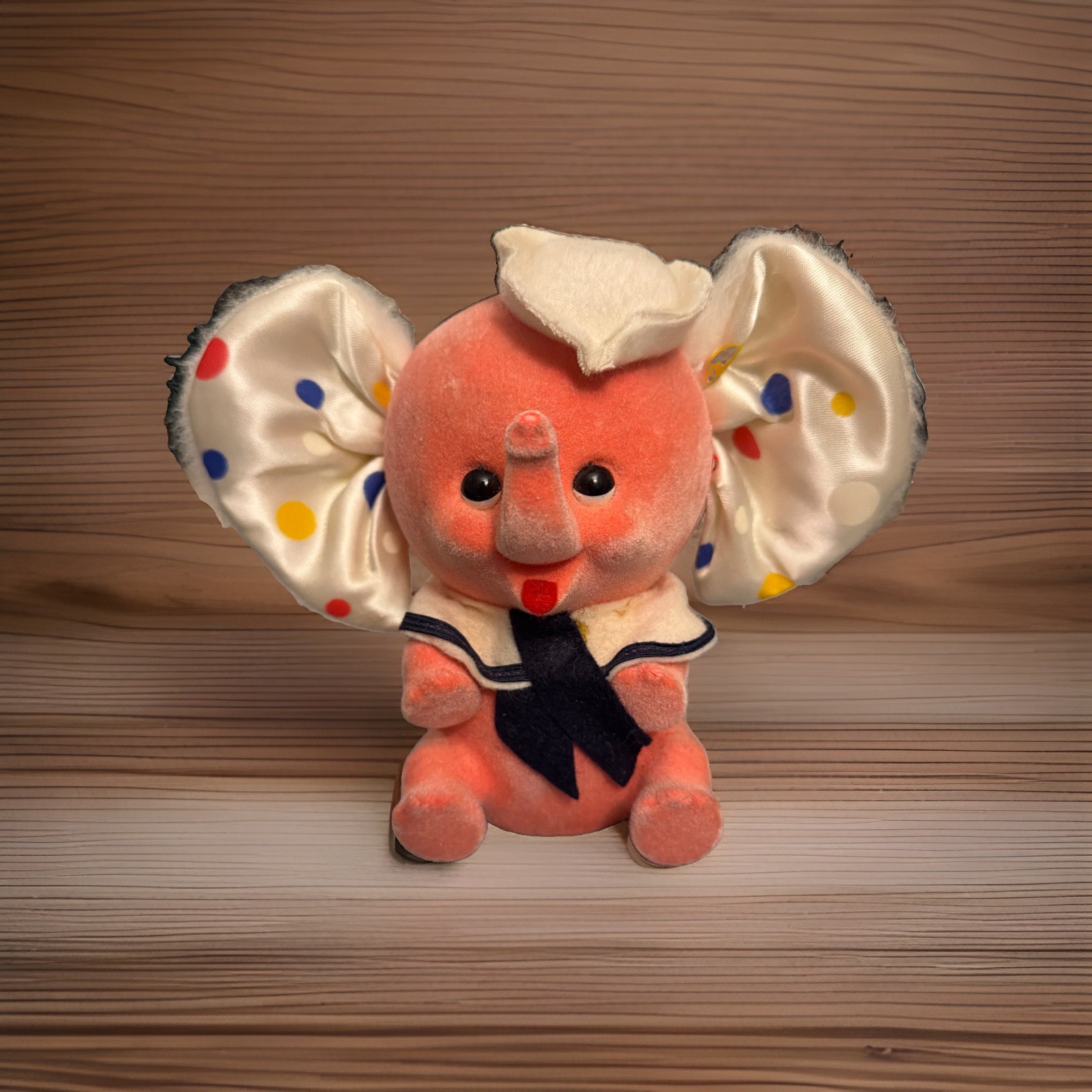 Vintage Pink Elephant Flocked Coin Bank With Poka Dots Ears. With Plug In Bottom