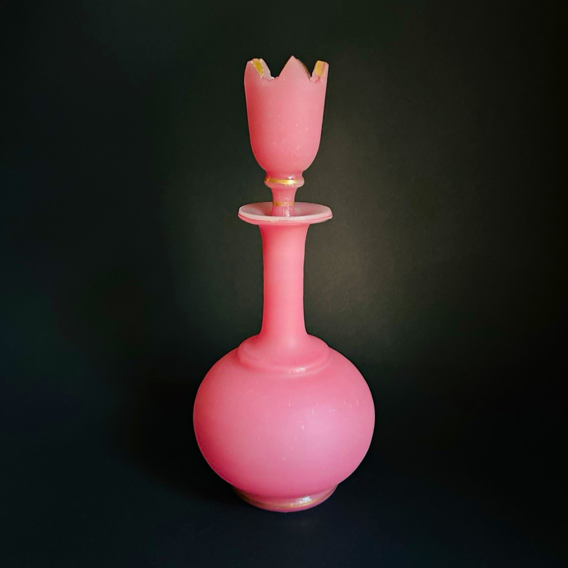 Pink Opaline Bristol Style Satin Glass Decanter Tulip Stopper Gold Gilt 9.5”