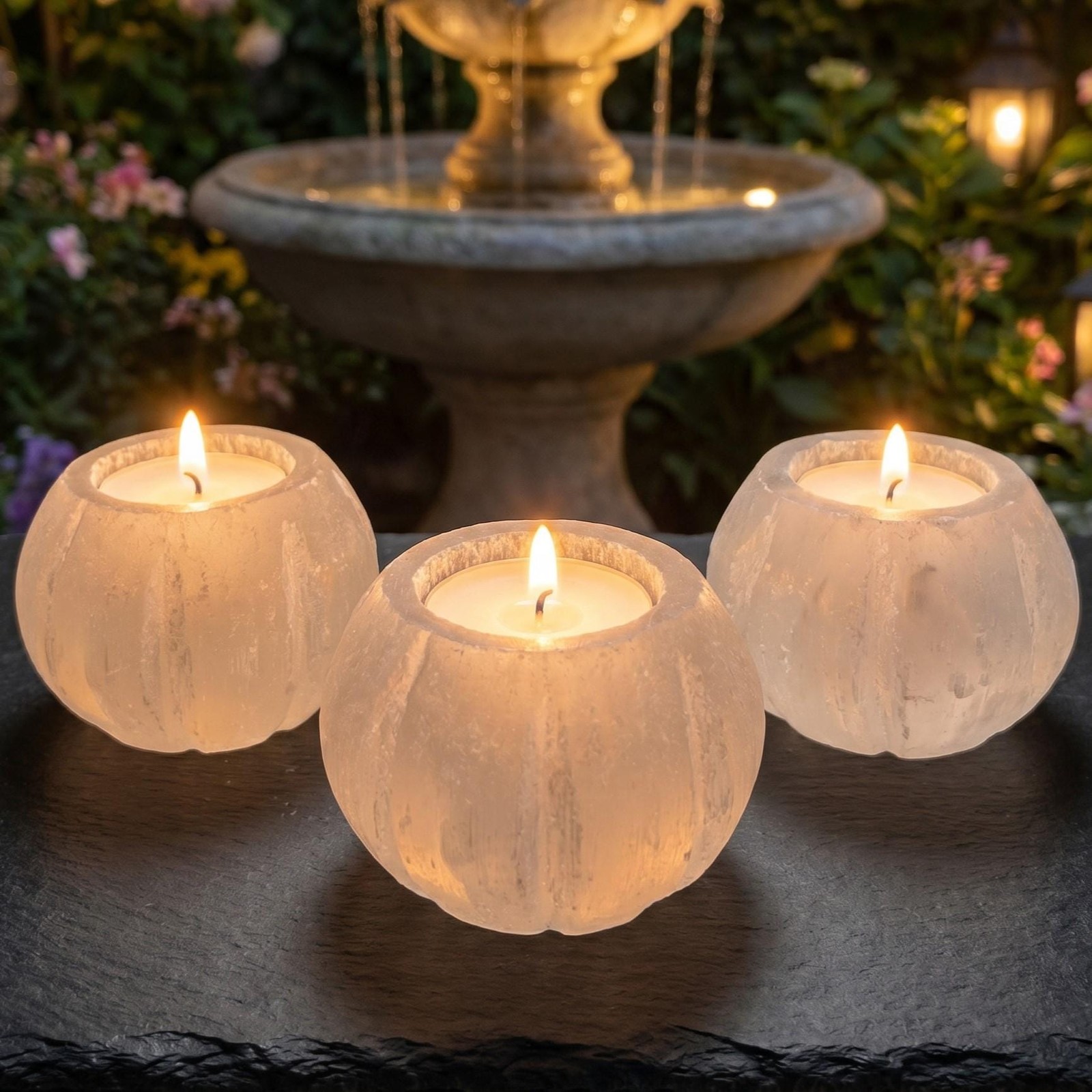 Selenite Satin Spar Crystal Fluted Sphere Tealight Candle Carving