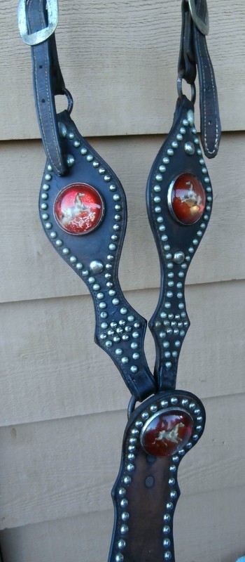 Old Antique 3 Red Rosettes Studded Horse Parade Martingale Old Antique 3 Red Rosettes Studded Horse Parade Martingale