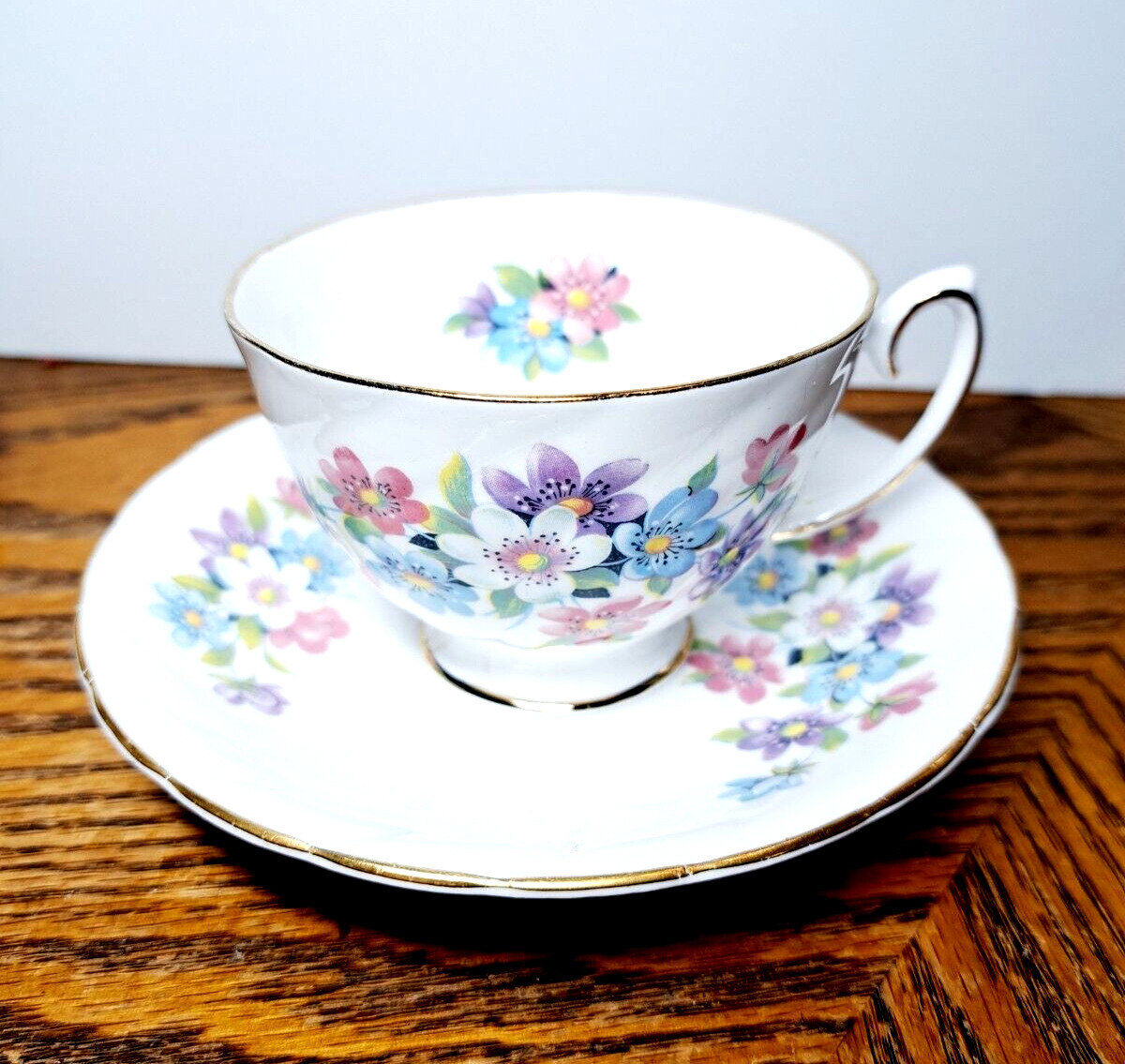 Vintage Tea Cup Set By Royal Taunton Floral Purple Pink Blue White Flowers