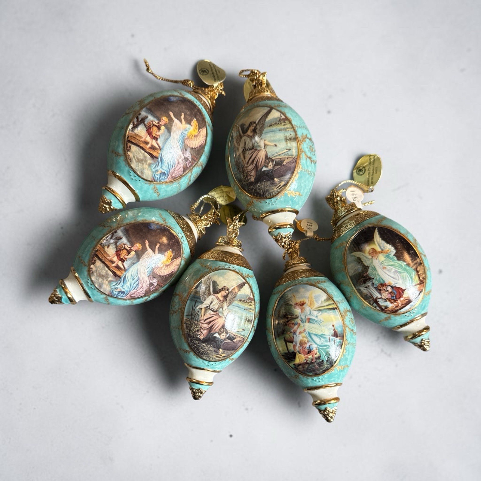 Lot of 6 Bradford Editions Angels Teardrop Porcelain Ornaments Aqua Gold NWT