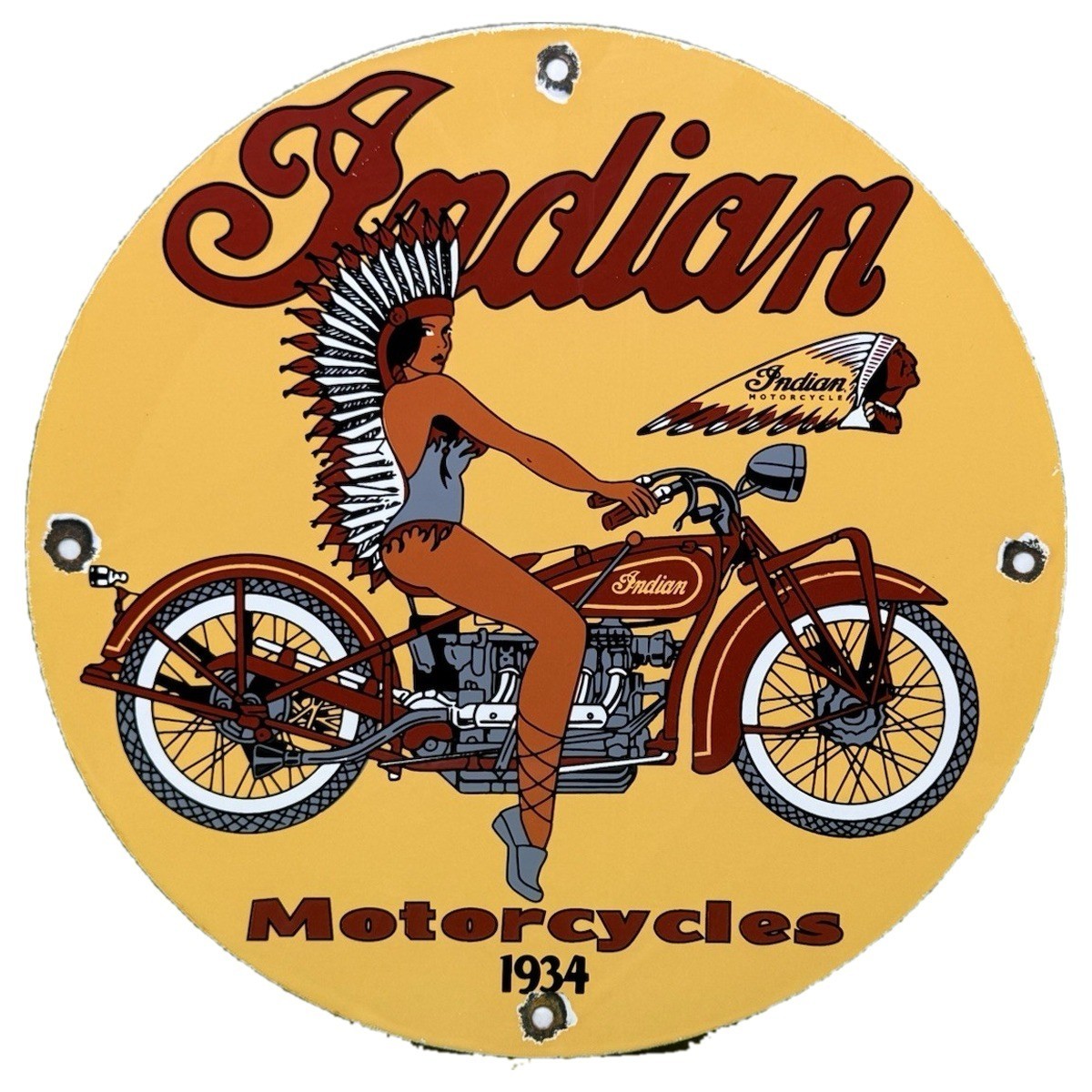 VINTAGE INDIAN MOTORCYCLE PORCELAIN SIGN RIDER ON BIKE SCRIPT LOGO DEALER GARAGE