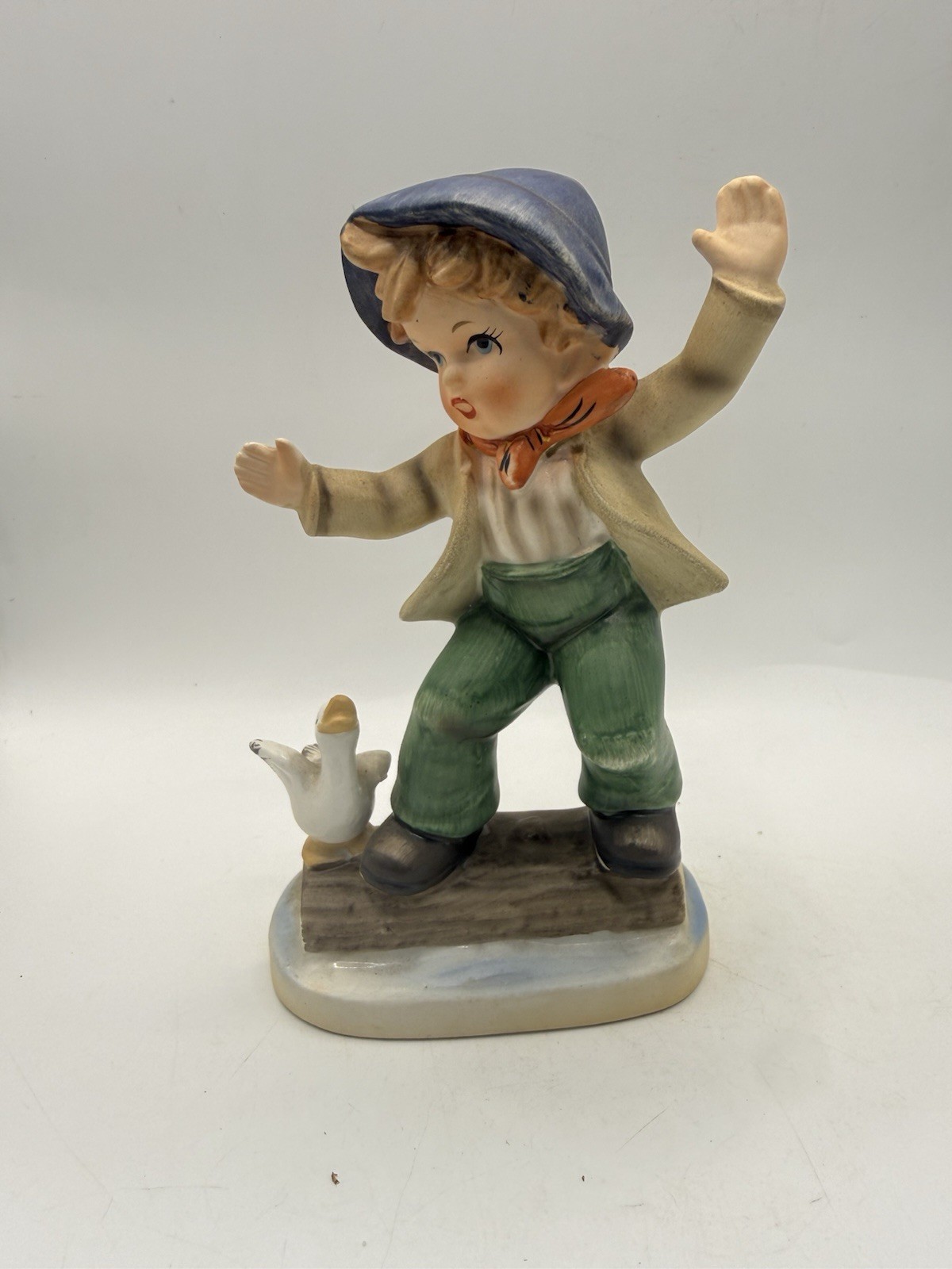 Vintage Japan Boy With Goose Duck Porcelain Figurine Blue Hat 6” MCM *