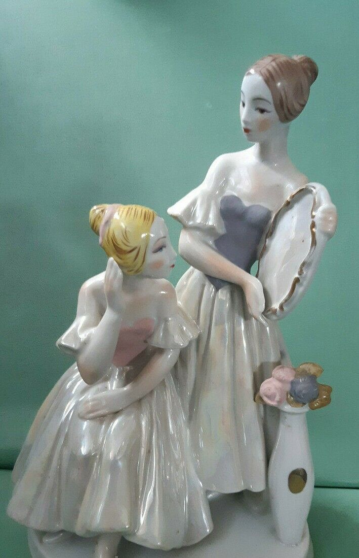Vintage 1970s Porcelain Statue Ballerina Mirror Kievskits Marked Girls Figurine 