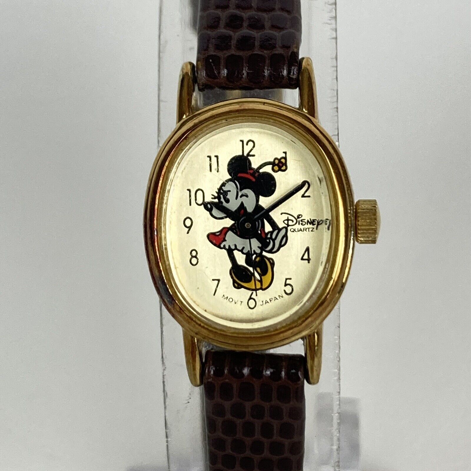 Vintage Disney Minnie Mouse Watch Women Gold Tone Thin Brown Band New Battery