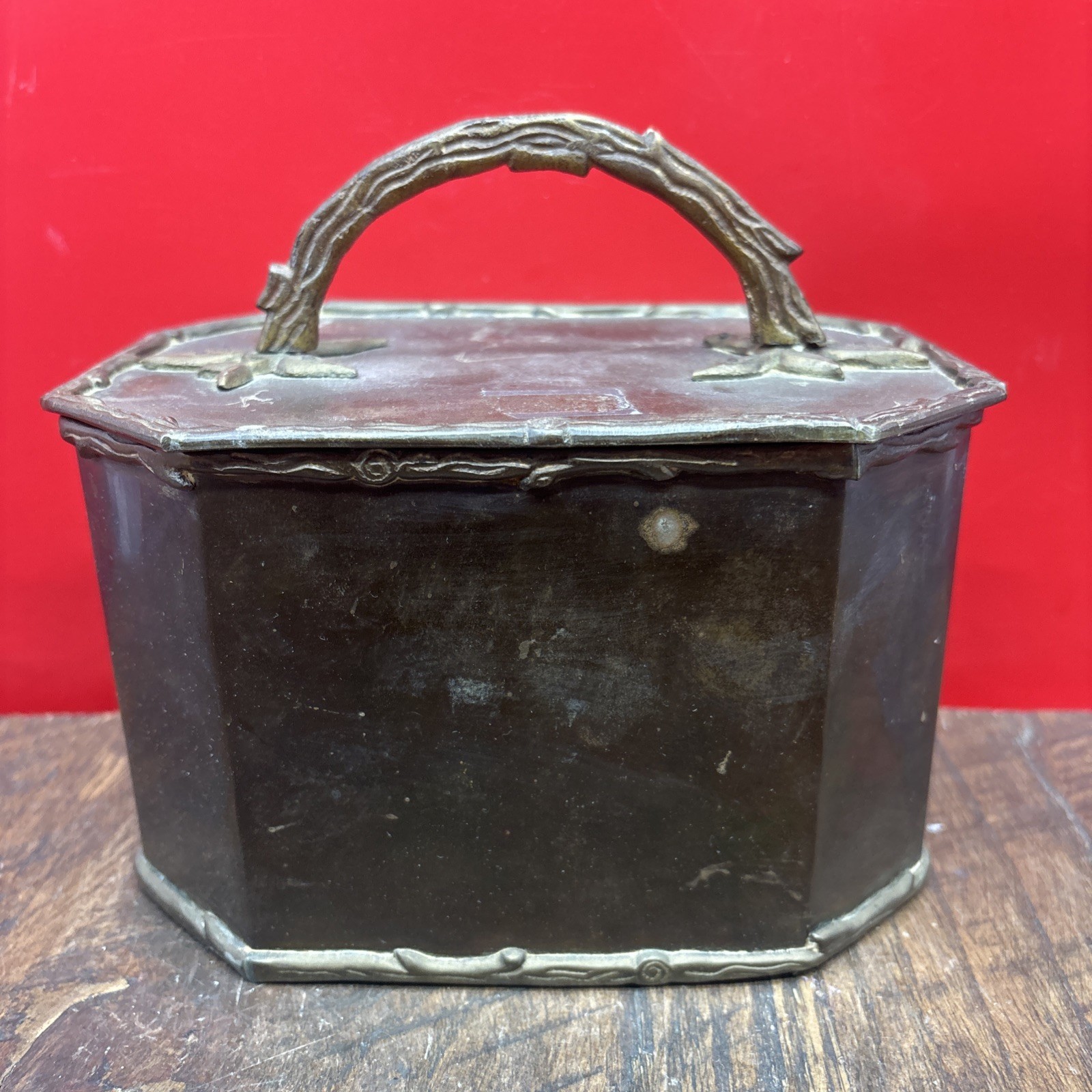 Antique Hexagonal Wood Design Brass/Copper? Box w handle 6.5”X4”X4.5”
