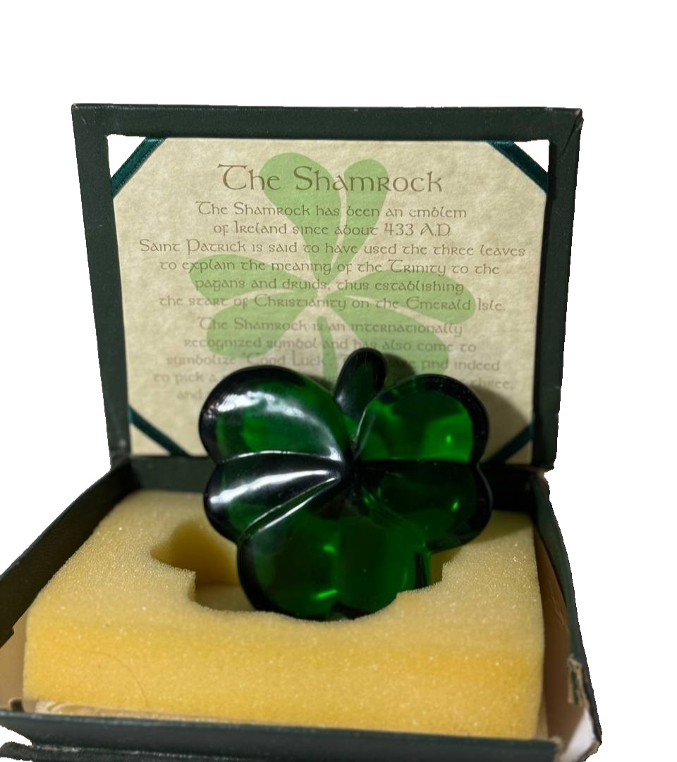 An IRISH BLESSING Green Glass SHAMROCK with Original Box