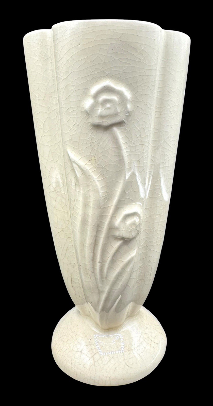 Vintage USA Pottery Vase Off White Cream Floral Relief #592 8.25”