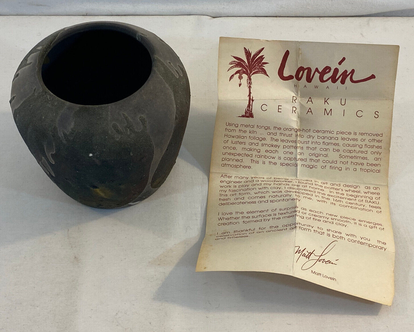 Lovein Hawaii Raku Ceramic Vase Signed Matthew Lovein