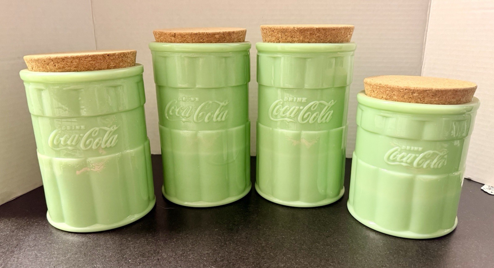 Coca-Cola Tablecraft Jadeite Green Glass Canisters Set of 4 Cork Lids Taiwan