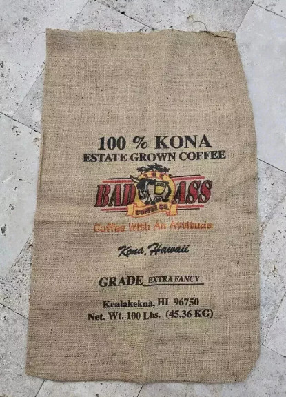 Bad Ass Coffee w/Attitude Kona Hawaii Burlap Bean Bag Wall Cafe 35 x 21 inches Bad Ass Coffee w/Attitude Kona Hawaii Burlap Bean Bag Wall Cafe 35 x 21 inches