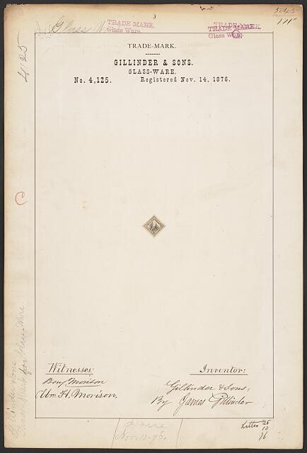 Photo:Gillinder & Sons Glass Ware Trademark 1876 Patent Drawing
