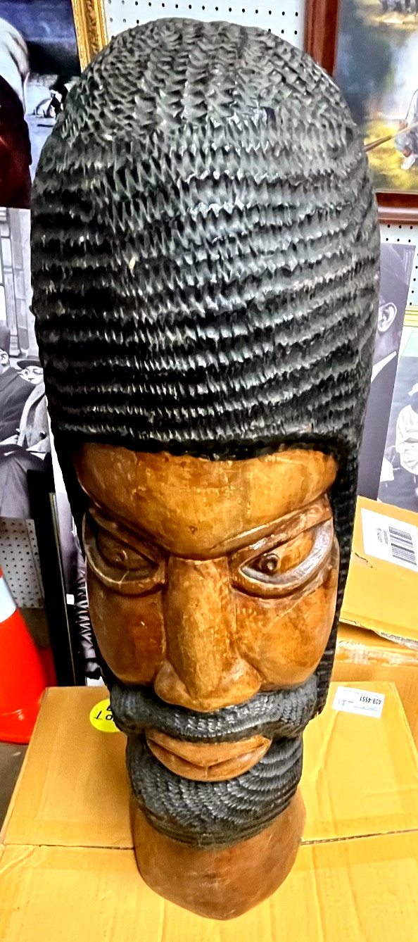 vintage hand-carved tropical wood bust, African tribal man,  folk art