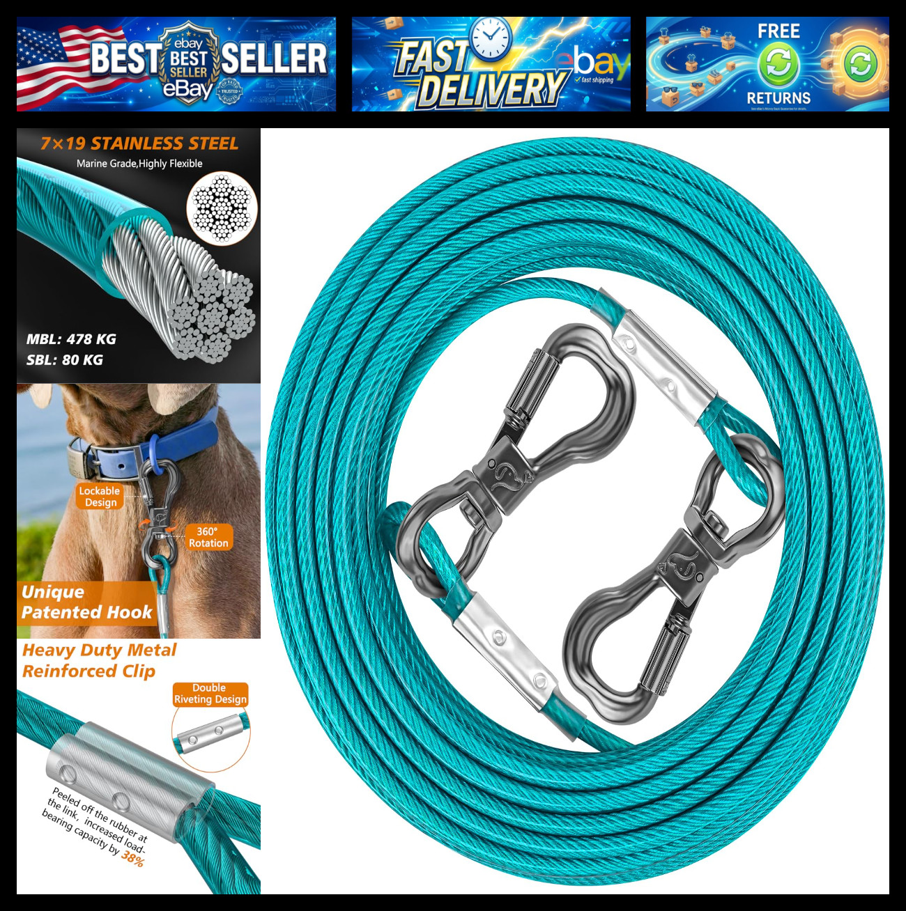 Dog Tie Out Cable, Dog Leads for Yard 8/10/15/20/30/50 Feet, Heavy Duty Pet Runn