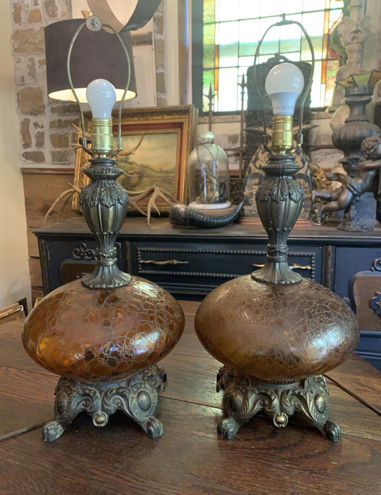 Vtg 1972 Pair Crackle Glass Globe/ Brass Table Lamps Hollywood Regency 3-Way EUC