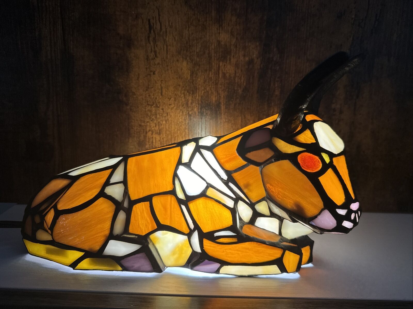 Tiffany-Style Bull Stained Glass Lamp Nighlight Tested/Working