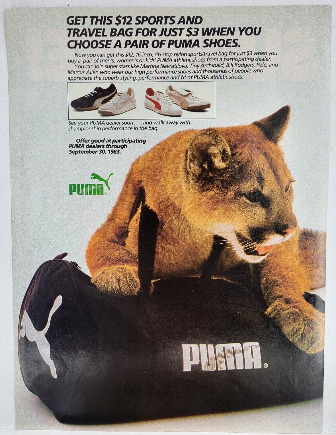 1983 Puma Shoes Sports Travel Bag Tiger Print Ad Man Cave Poster Art Deco 80\'s