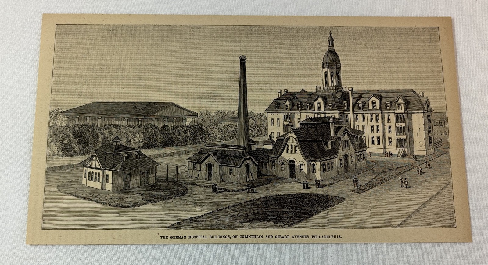 1885 magazine engraving ~ GERMAN HOSPITAL BUILDINGS Philadelphia, PA